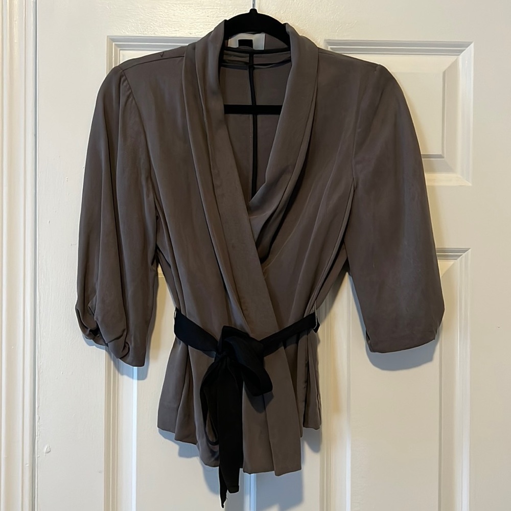 H&M gray jacket with black ribbon tie